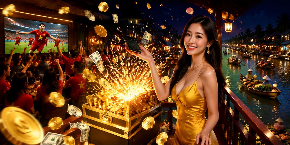 Người mẫu trải nghiệm game casino di động bên sông Mekong đang mờ ánh đèn neon